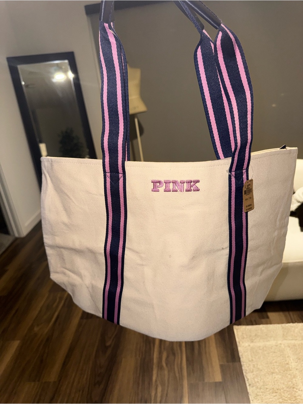 PINK Victoria's Secret Cream Canvas Tote with Navy & Pink Straps